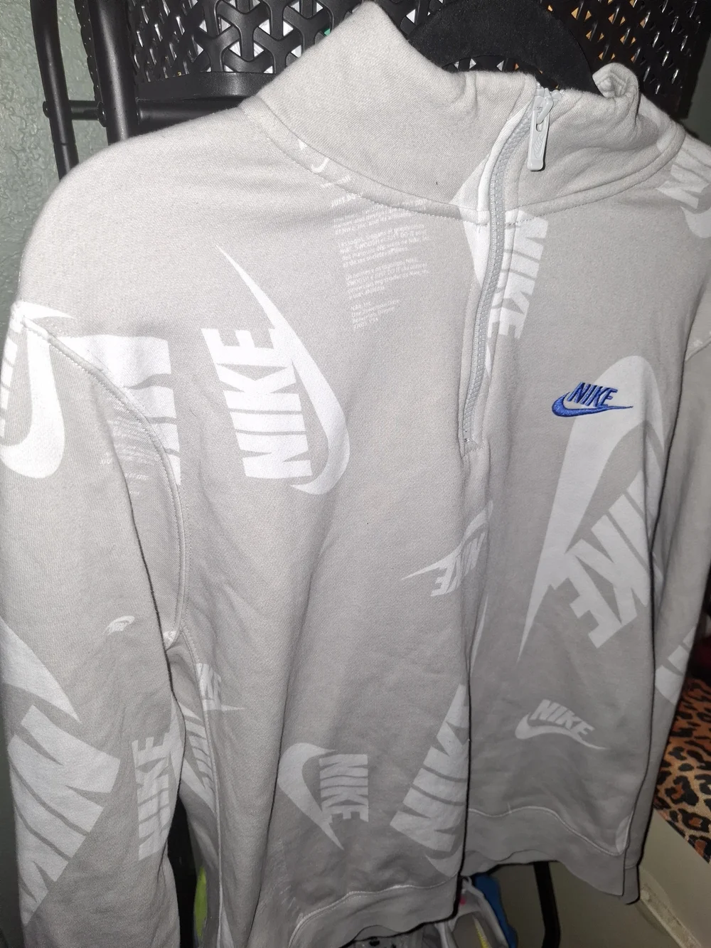Nike Light Gray All-Over Logo Half-Zip Pullover with Blue Swoosh